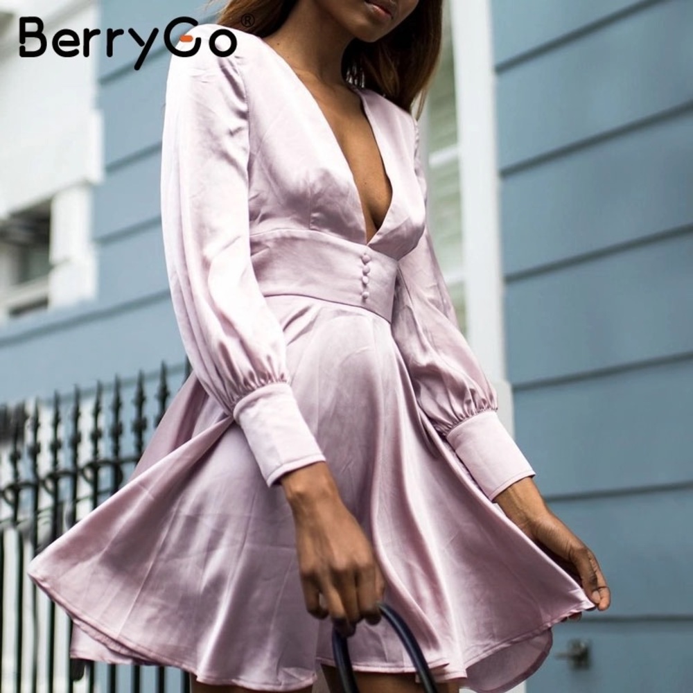 Lilac or mauve satin dress long sleeve w/ buttons